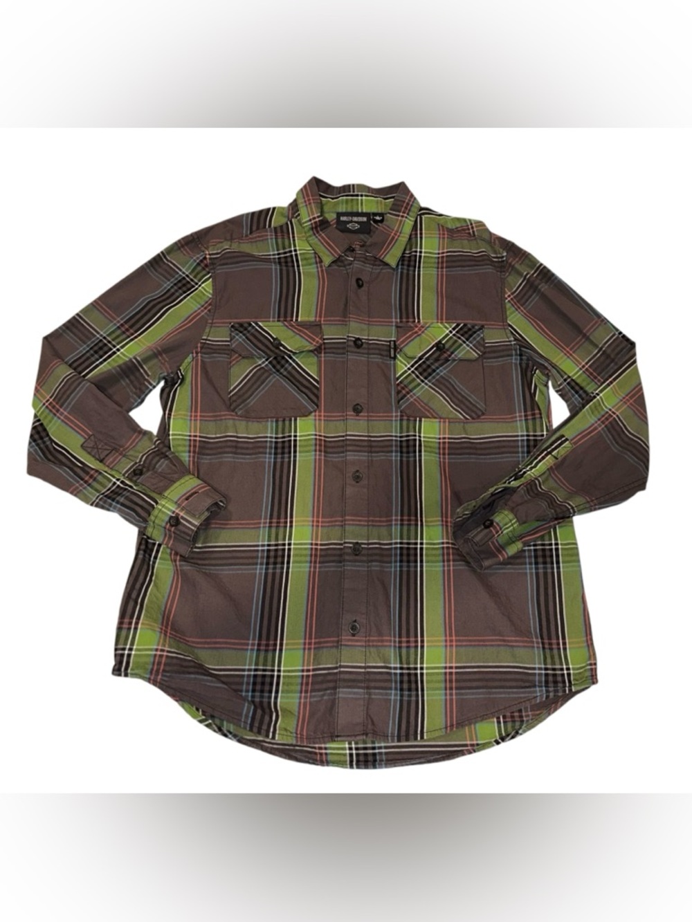 Harley Davidson Shirt Stencil Plaid Long Sleeve Button Up Brown & Green Sz L - Picture 4 of 8